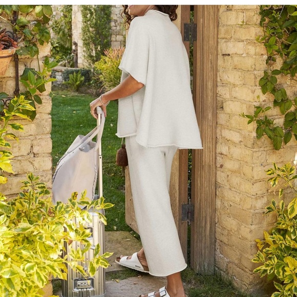 Two Piece Batwing Short Sleeve Mock Neck Pullover Top Wide Leg Pants Lounge Set - Picture 3 of 6